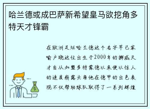 哈兰德或成巴萨新希望皇马欲挖角多特天才锋霸