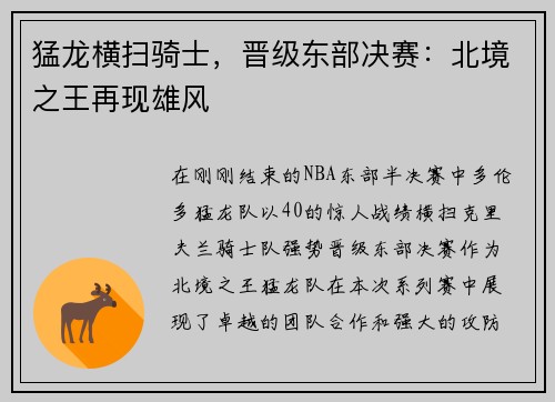 猛龙横扫骑士，晋级东部决赛：北境之王再现雄风