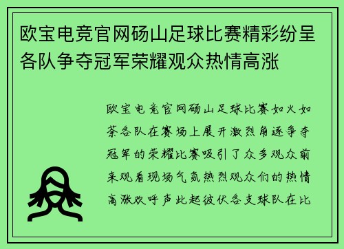 欧宝电竞官网砀山足球比赛精彩纷呈各队争夺冠军荣耀观众热情高涨