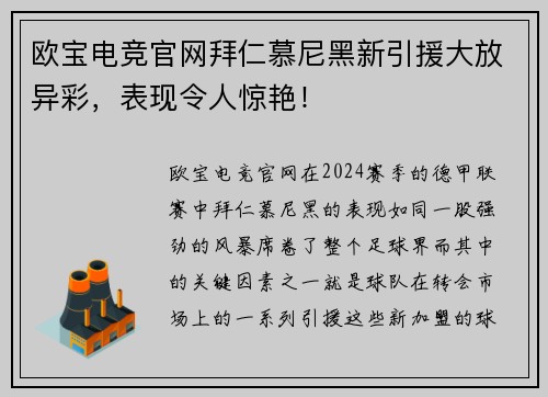 欧宝电竞官网拜仁慕尼黑新引援大放异彩，表现令人惊艳！